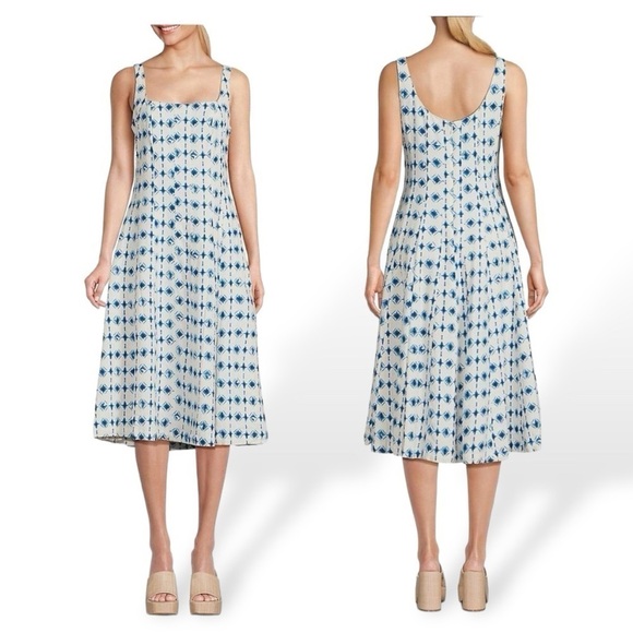Christian Lacroix Geometric Linen Blend Square Neck Fit and Flare Midi Dress NEW - Picture 1 of 8